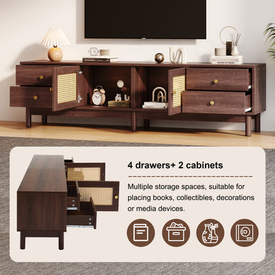 Meuble TV Marron Foncé de 180 cm avec Portes en Rotin, 4 Tiroirs et Gestion des Câbles (Pour TV jusqu'à 80 pouces) KUQON