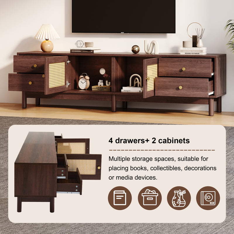Meuble TV Marron Foncé de 180 cm avec Portes en Rotin, 4 Tiroirs et Gestion des Câbles (Pour TV jusqu&