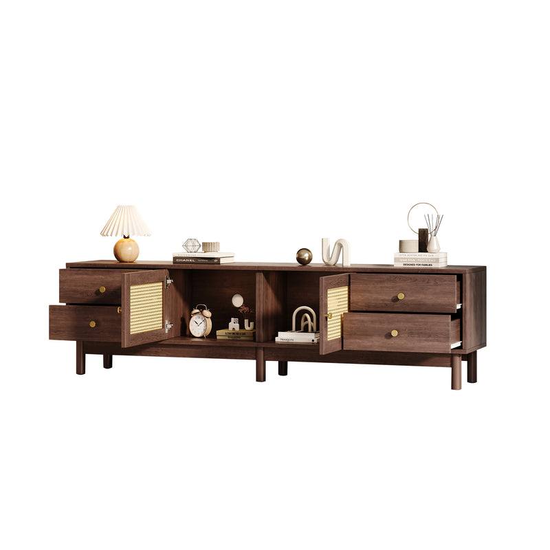 Meuble TV Marron Foncé de 180 cm avec Portes en Rotin, 4 Tiroirs et Gestion des Câbles (Pour TV jusqu&