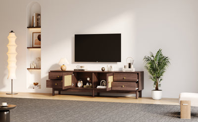Meuble TV Marron Foncé de 180 cm avec Portes en Rotin, 4 Tiroirs et Gestion des Câbles (Pour TV jusqu'à 80 pouces) KUQON