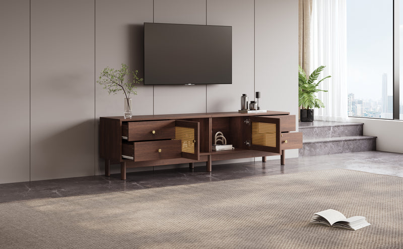 Meuble TV Marron Foncé de 180 cm avec Portes en Rotin, 4 Tiroirs et Gestion des Câbles (Pour TV jusqu&