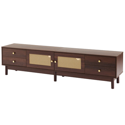 Meuble TV Marron Foncé de 180 cm avec Portes en Rotin, 4 Tiroirs et Gestion des Câbles (Pour TV jusqu'à 80 pouces) KUQON
