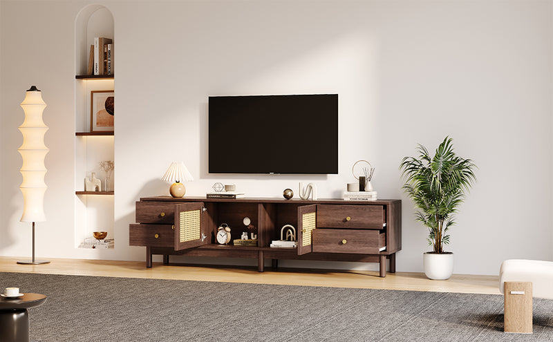 Meuble TV Marron Foncé de 180 cm avec Portes en Rotin, 4 Tiroirs et Gestion des Câbles (Pour TV jusqu&