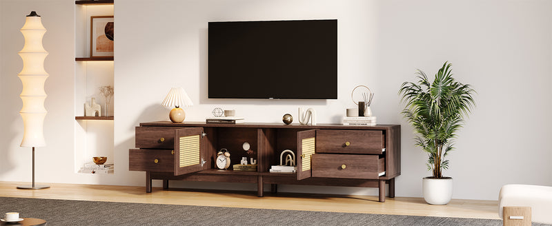 Meuble TV Marron Foncé de 180 cm avec Portes en Rotin, 4 Tiroirs et Gestion des Câbles (Pour TV jusqu&