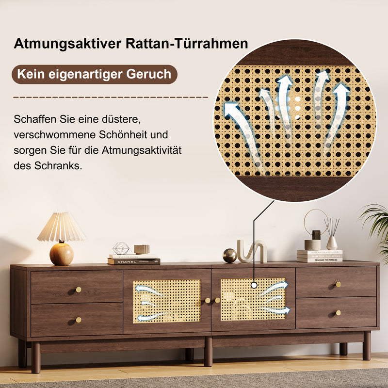 Meuble TV Marron Foncé de 180 cm avec Portes en Rotin, 4 Tiroirs et Gestion des Câbles (Pour TV jusqu&