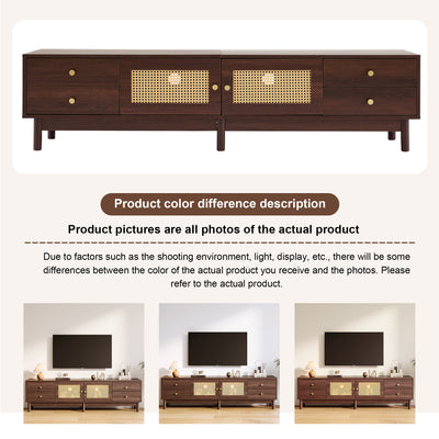 Meuble TV Marron Foncé de 180 cm avec Portes en Rotin, 4 Tiroirs et Gestion des Câbles (Pour TV jusqu'à 80 pouces) KUQON