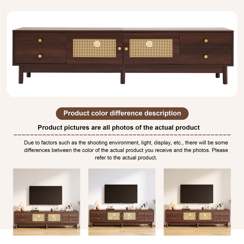 Meuble TV Marron Foncé de 180 cm avec Portes en Rotin, 4 Tiroirs et Gestion des Câbles (Pour TV jusqu&