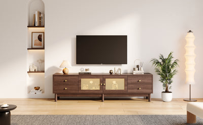 Meuble TV Marron Foncé de 180 cm avec Portes en Rotin, 4 Tiroirs et Gestion des Câbles (Pour TV jusqu'à 80 pouces) KUQON