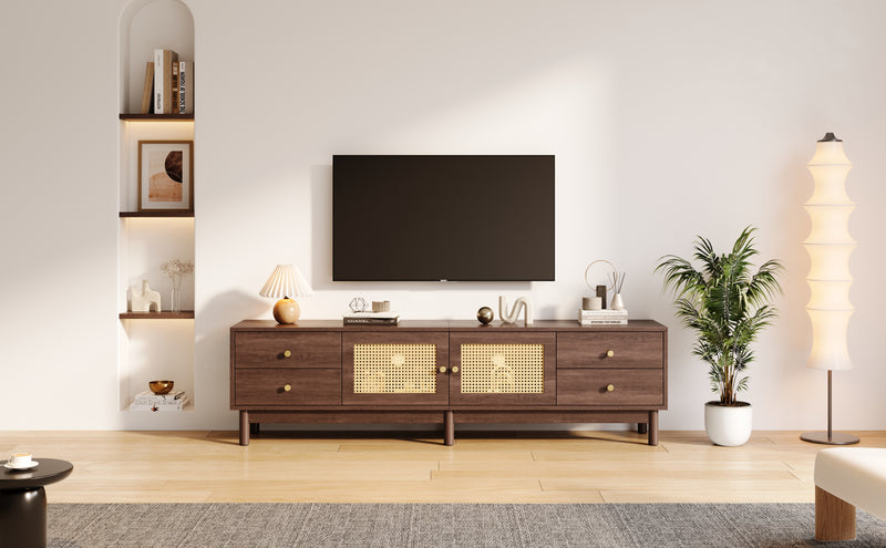 Meuble TV Marron Foncé de 180 cm avec Portes en Rotin, 4 Tiroirs et Gestion des Câbles (Pour TV jusqu&
