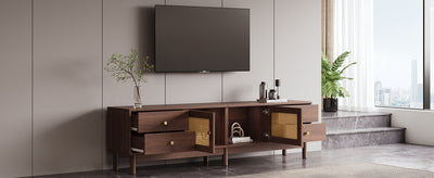 Meuble TV Marron Foncé de 180 cm avec Portes en Rotin, 4 Tiroirs et Gestion des Câbles (Pour TV jusqu'à 80 pouces) KUQON