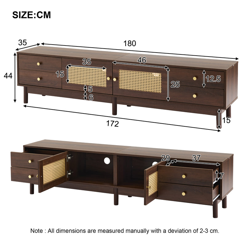 Meuble TV Marron Foncé de 180 cm avec Portes en Rotin, 4 Tiroirs et Gestion des Câbles (Pour TV jusqu&