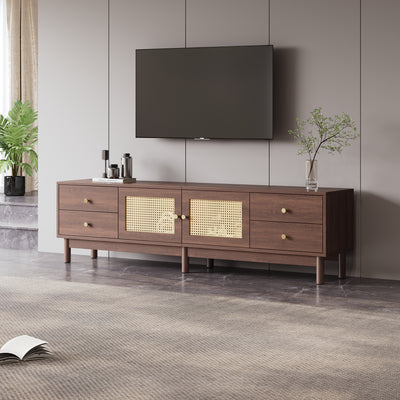 Meuble TV Marron Foncé de 180 cm avec Portes en Rotin, 4 Tiroirs et Gestion des Câbles (Pour TV jusqu'à 80 pouces) KUQON