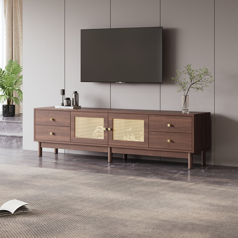 Meuble TV Marron Foncé de 180 cm avec Portes en Rotin, 4 Tiroirs et Gestion des Câbles (Pour TV jusqu&