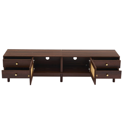 Meuble TV Marron Foncé de 180 cm avec Portes en Rotin, 4 Tiroirs et Gestion des Câbles (Pour TV jusqu'à 80 pouces) KUQON