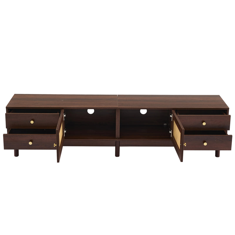 Meuble TV Marron Foncé de 180 cm avec Portes en Rotin, 4 Tiroirs et Gestion des Câbles (Pour TV jusqu&