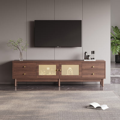 Meuble TV Marron Foncé de 180 cm avec Portes en Rotin, 4 Tiroirs et Gestion des Câbles (Pour TV jusqu'à 80 pouces) KUQON