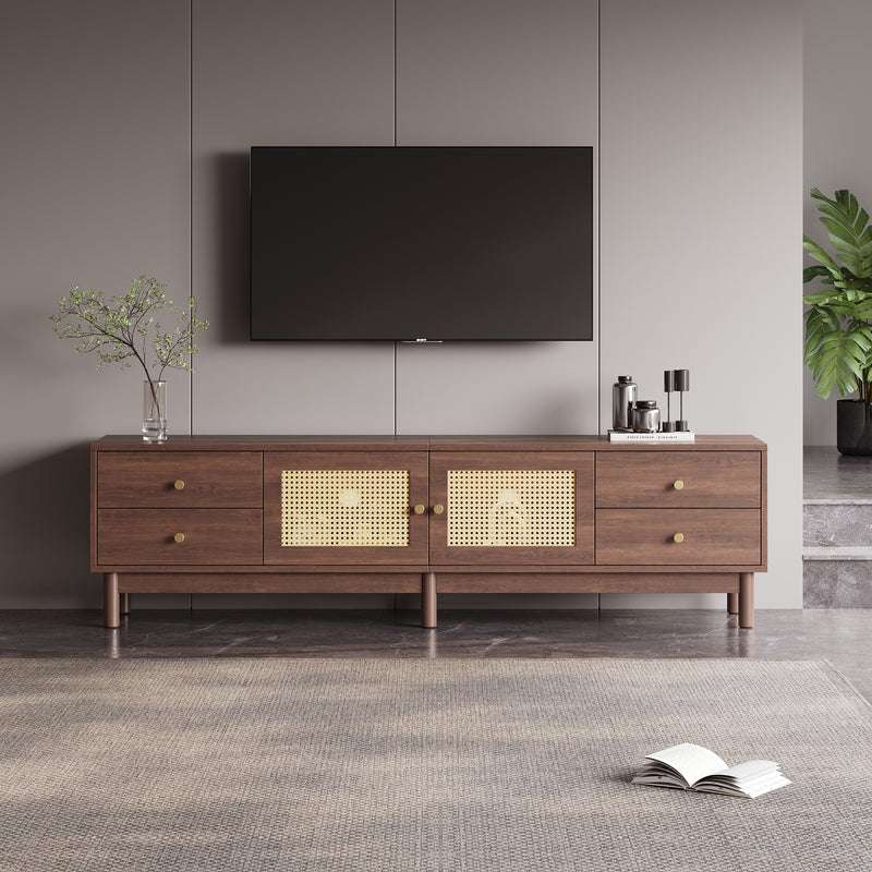 Meuble TV Marron Foncé de 180 cm avec Portes en Rotin, 4 Tiroirs et Gestion des Câbles (Pour TV jusqu&