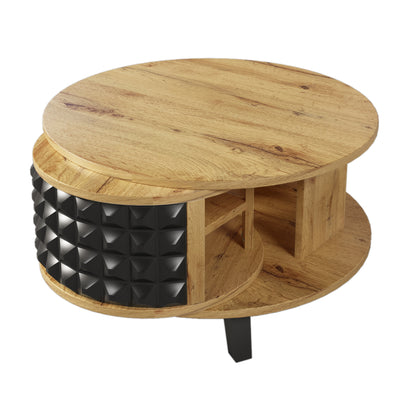 Table Basse Bicolore Pivotante Naturel et Noir avec Double Plateau et Rangement Caché LAACRO