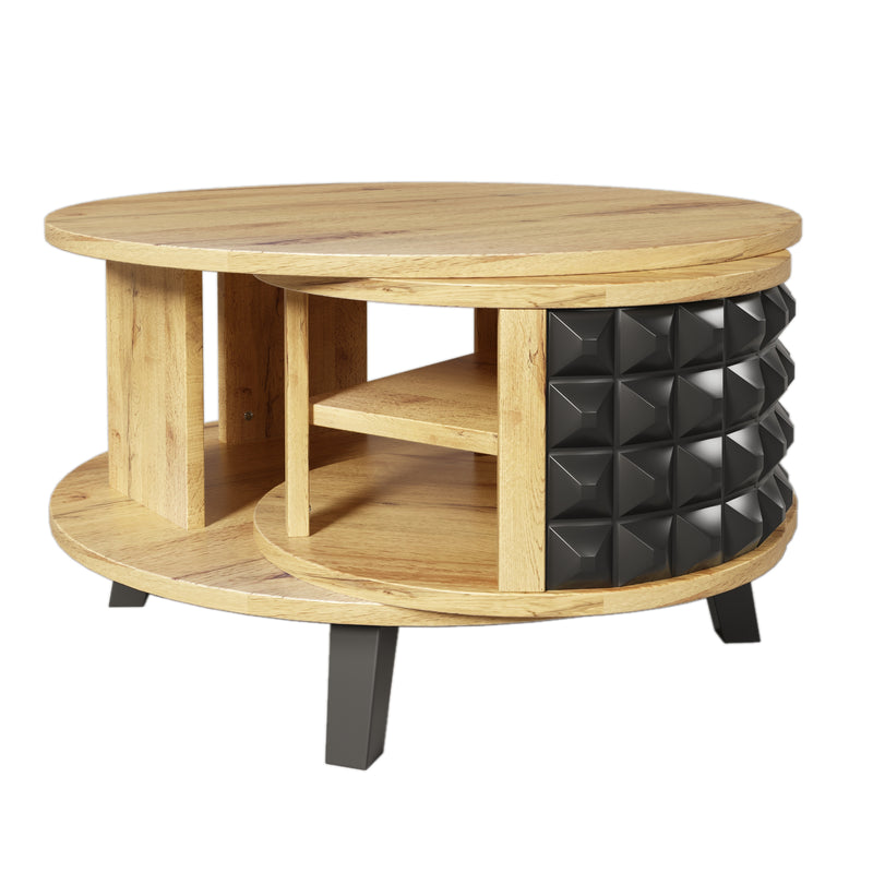 Table Basse Bicolore Pivotante Naturel et Noir avec Double Plateau et Rangement Caché LAACRO