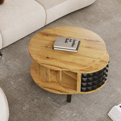 Table Basse Bicolore Pivotante Naturel et Noir avec Double Plateau et Rangement Caché LAACRO