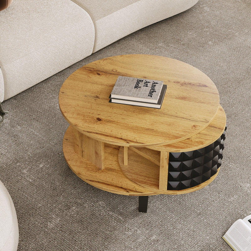 Table Basse Bicolore Pivotante Naturel et Noir avec Double Plateau et Rangement Caché LAACRO