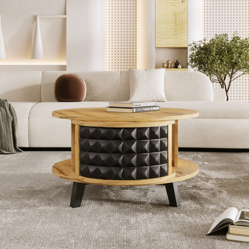 Table Basse Bicolore Pivotante Naturel et Noir avec Double Plateau et Rangement Caché LAACRO