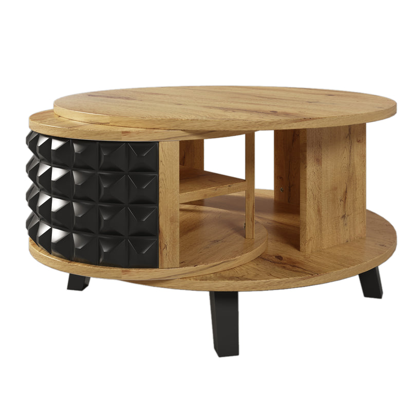 Table Basse Bicolore Pivotante Naturel et Noir avec Double Plateau et Rangement Caché LAACRO