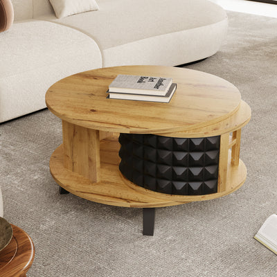 Table Basse Bicolore Pivotante Naturel et Noir avec Double Plateau et Rangement Caché LAACRO