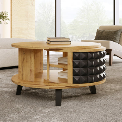 Table Basse Bicolore Pivotante Naturel et Noir avec Double Plateau et Rangement Caché LAACRO