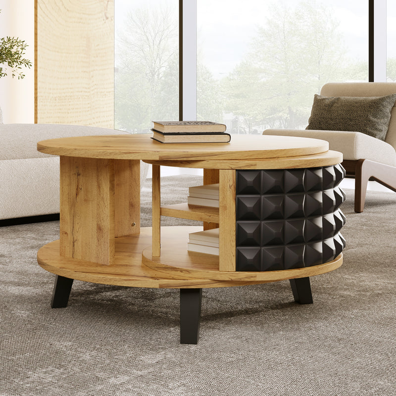 Table Basse Bicolore Pivotante Naturel et Noir avec Double Plateau et Rangement Caché LAACRO
