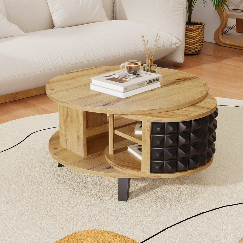 Table Basse Bicolore Pivotante Naturel et Noir avec Double Plateau et Rangement Caché LAACRO