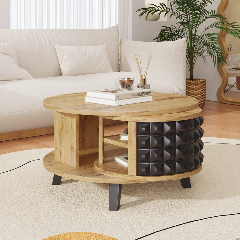 Table Basse Bicolore Pivotante Naturel et Noir avec Double Plateau et Rangement Caché LAACRO