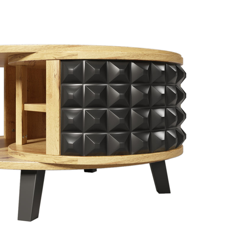 Table Basse Bicolore Pivotante Naturel et Noir avec Double Plateau et Rangement Caché LAACRO
