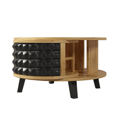 Table Basse Bicolore Pivotante Naturel et Noir avec Double Plateau et Rangement Caché LAACRO
