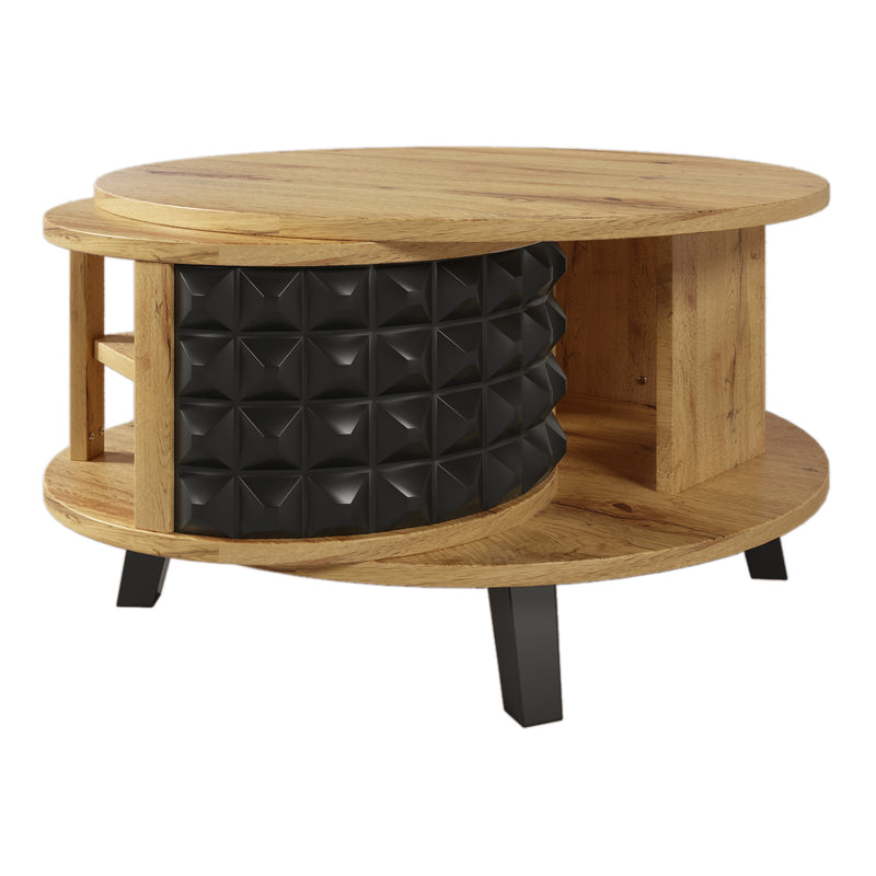 Table Basse Bicolore Pivotante Naturel et Noir avec Double Plateau et Rangement Caché LAACRO