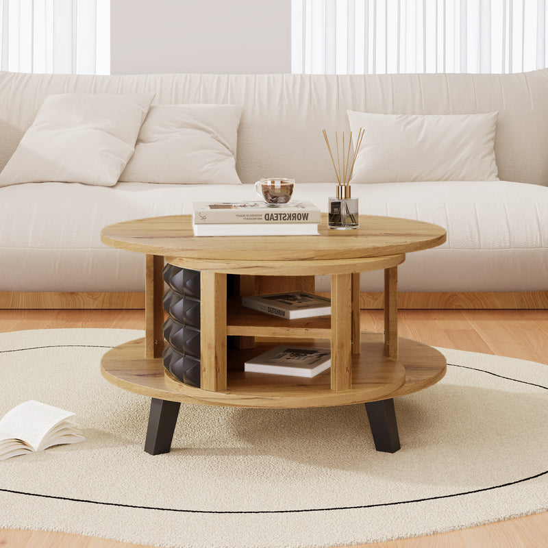Table Basse Bicolore Pivotante Naturel et Noir avec Double Plateau et Rangement Caché LAACRO