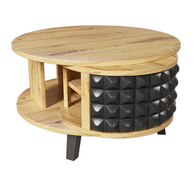 Table Basse Bicolore Pivotante Naturel et Noir avec Double Plateau et Rangement Caché LAACRO