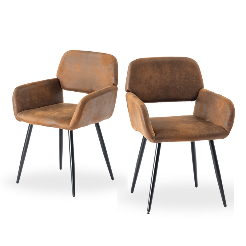 Set of 2 industrial style dining chairs in retro brown fabric with black legs MAYFAIR SUEDE BROWN