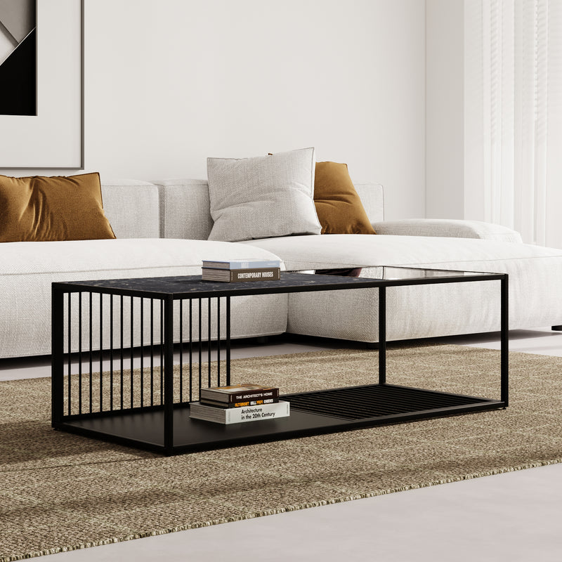 Table Basse Rectangulaire Noire avec Plateau en Verre Trempé Effet Marbre et Étagère Inférieure (110x48x35cm) MALLEAT