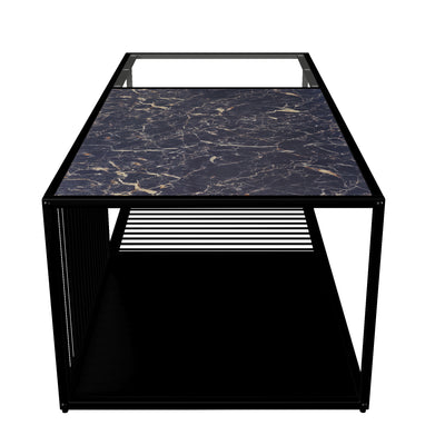 Table Basse Rectangulaire Noire avec Plateau en Verre Trempé Effet Marbre et Étagère Inférieure (110x48x35cm) MALLEAT