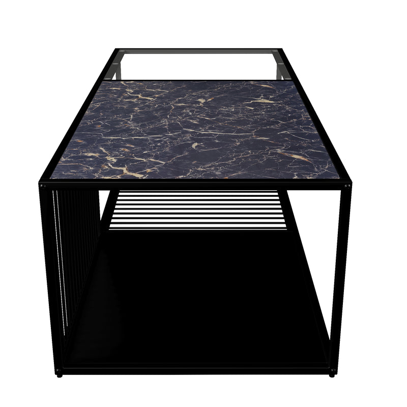 Table Basse Rectangulaire Noire avec Plateau en Verre Trempé Effet Marbre et Étagère Inférieure (110x48x35cm) MALLEAT