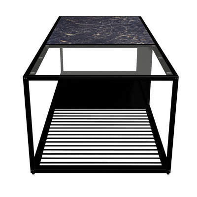 Table Basse Rectangulaire Noire avec Plateau en Verre Trempé Effet Marbre et Étagère Inférieure (110x48x35cm) MALLEAT