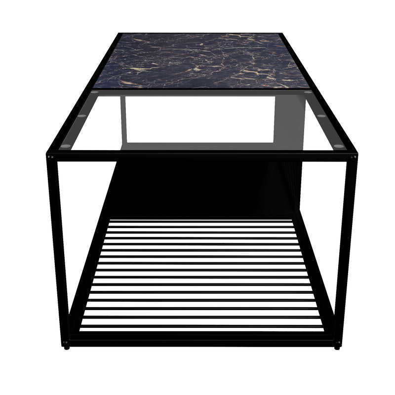 Table Basse Rectangulaire Noire avec Plateau en Verre Trempé Effet Marbre et Étagère Inférieure (110x48x35cm) MALLEAT
