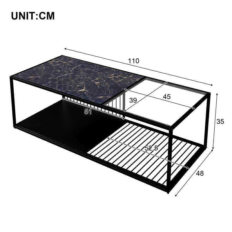 Table Basse Rectangulaire Noire avec Plateau en Verre Trempé Effet Marbre et Étagère Inférieure (110x48x35cm) MALLEAT