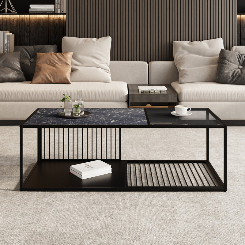 Table Basse Rectangulaire Noire avec Plateau en Verre Trempé Effet Marbre et Étagère Inférieure (110x48x35cm) MALLEAT