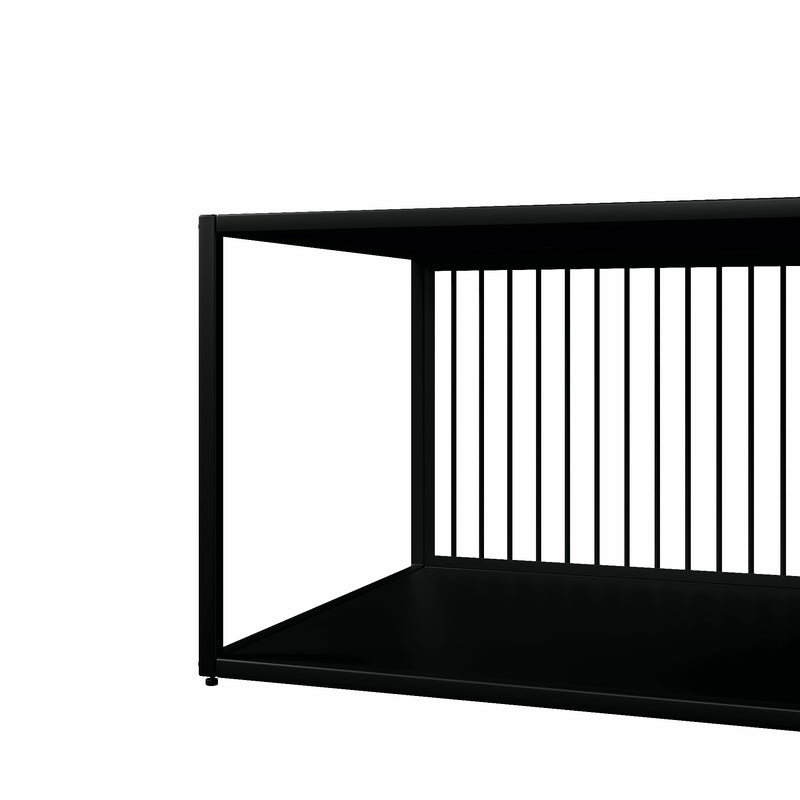 Table Basse Rectangulaire Noire avec Plateau en Verre Trempé Effet Marbre et Étagère Inférieure (110x48x35cm) MALLEAT