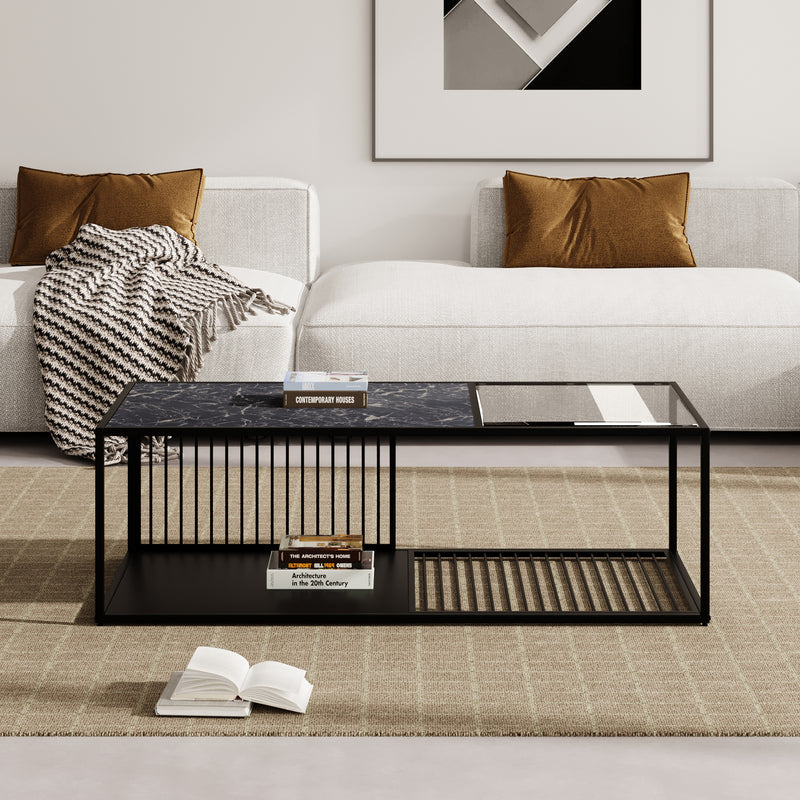 Table Basse Rectangulaire Noire avec Plateau en Verre Trempé Effet Marbre et Étagère Inférieure (110x48x35cm) MALLEAT