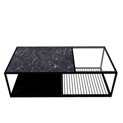 Table Basse Rectangulaire Noire avec Plateau en Verre Trempé Effet Marbre et Étagère Inférieure (110x48x35cm) MALLEAT