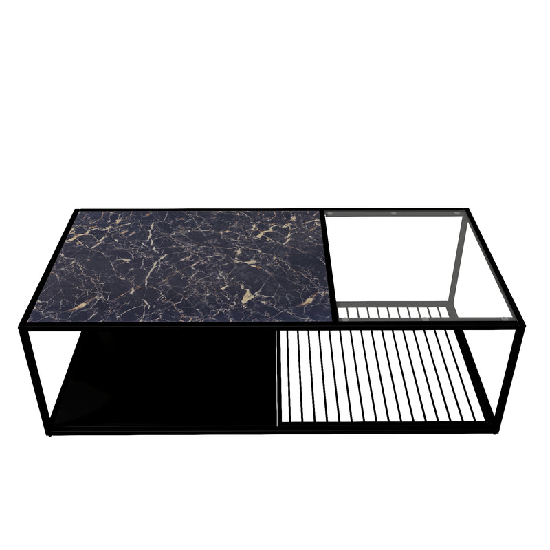 Table Basse Rectangulaire Noire avec Plateau en Verre Trempé Effet Marbre et Étagère Inférieure (110x48x35cm) MALLEAT