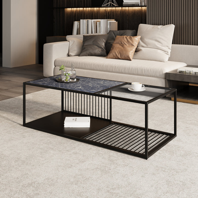 Table Basse Rectangulaire Noire avec Plateau en Verre Trempé Effet Marbre et Étagère Inférieure (110x48x35cm) MALLEAT